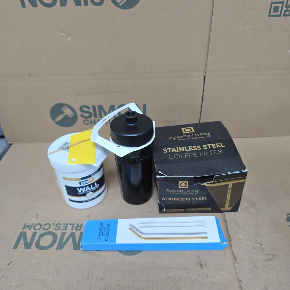 TOTE OF APPROXIMATELY 15 ASSORTED HOUSEHOLD ITEMS TO INCLUDE STRAW SET, WATER BOTTLE, COFFEE FILTER, WALL MENDING AGENT ETC