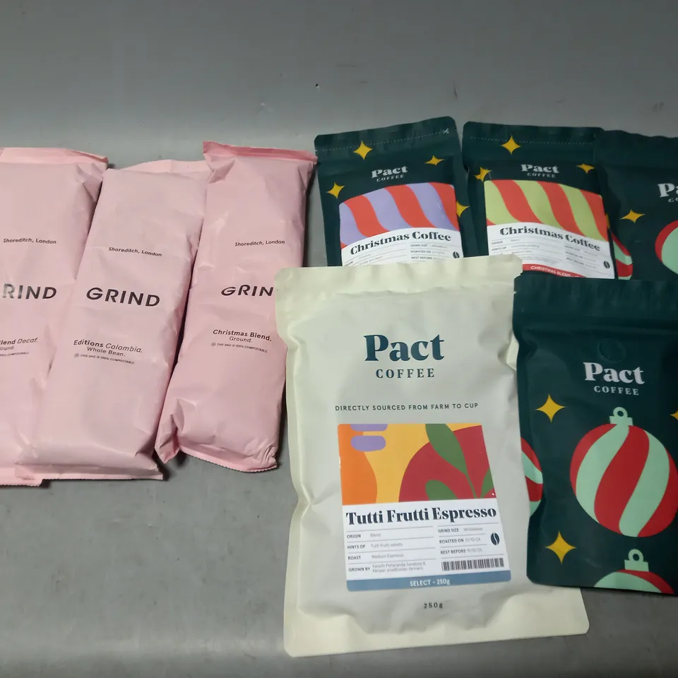 LOT OF APPROXMATELY 6 ITEMS TO INCLUDE  - PACT CHRISTMAS COFFEE, PACT TUTTI FRUTTI ESPRESSO, AND GRIND GROUND COFFEE ETC. 