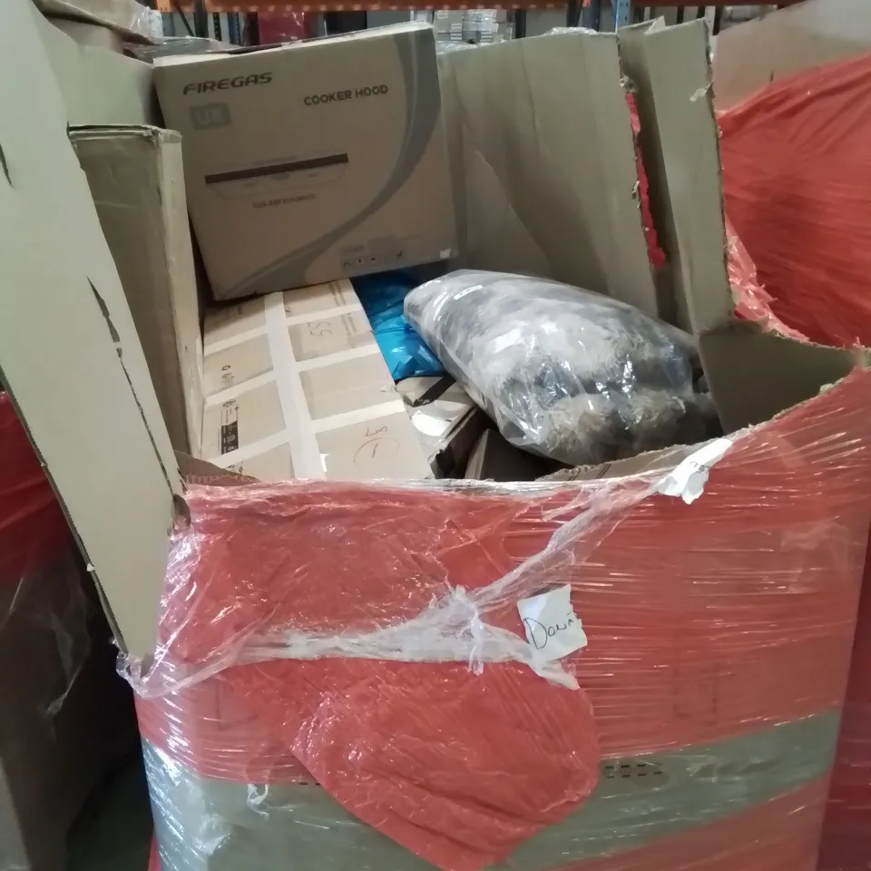 PALLET CONTAINING MIXED BOXED HOUSEHOLD ITEMS TO INCLUDE: COOKER HOOD, THROWS  AND LOTS MORE UNMARKED BOXED ITEMS 