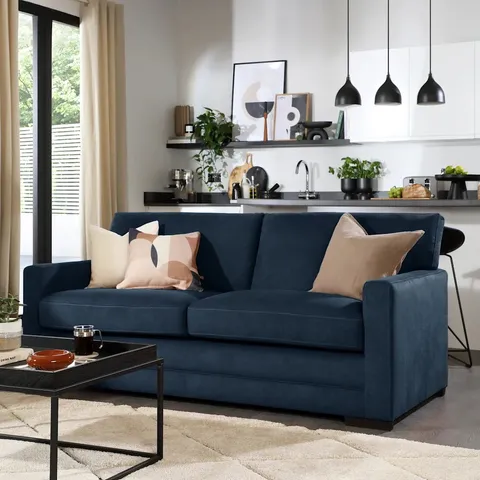 BOXED ARDEN 3 SEATER SOFA, NAVY BLUE HOUSE PLUSH FABRIC (1 BOX)