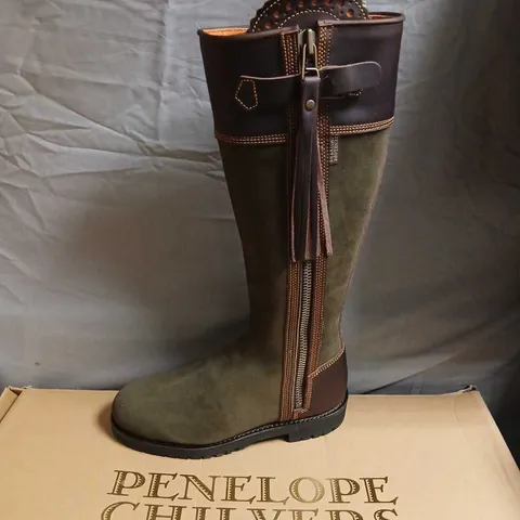 PENELOPE CHILVERS TASSEL BOOTS – OLIVE GREEN SUEDE KNEE-HIGH, UK4 (EU37) (PAIR)
