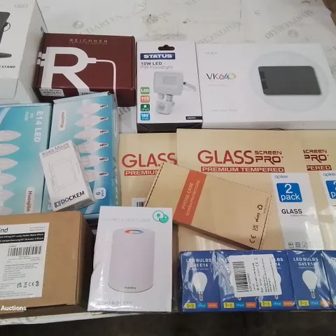 BOX CONTAINING LARGE AMOUNT OF MIXED BOXED ELECTRICAL ITEMS PHONE ACCESSORIES LIGHTING ETC.