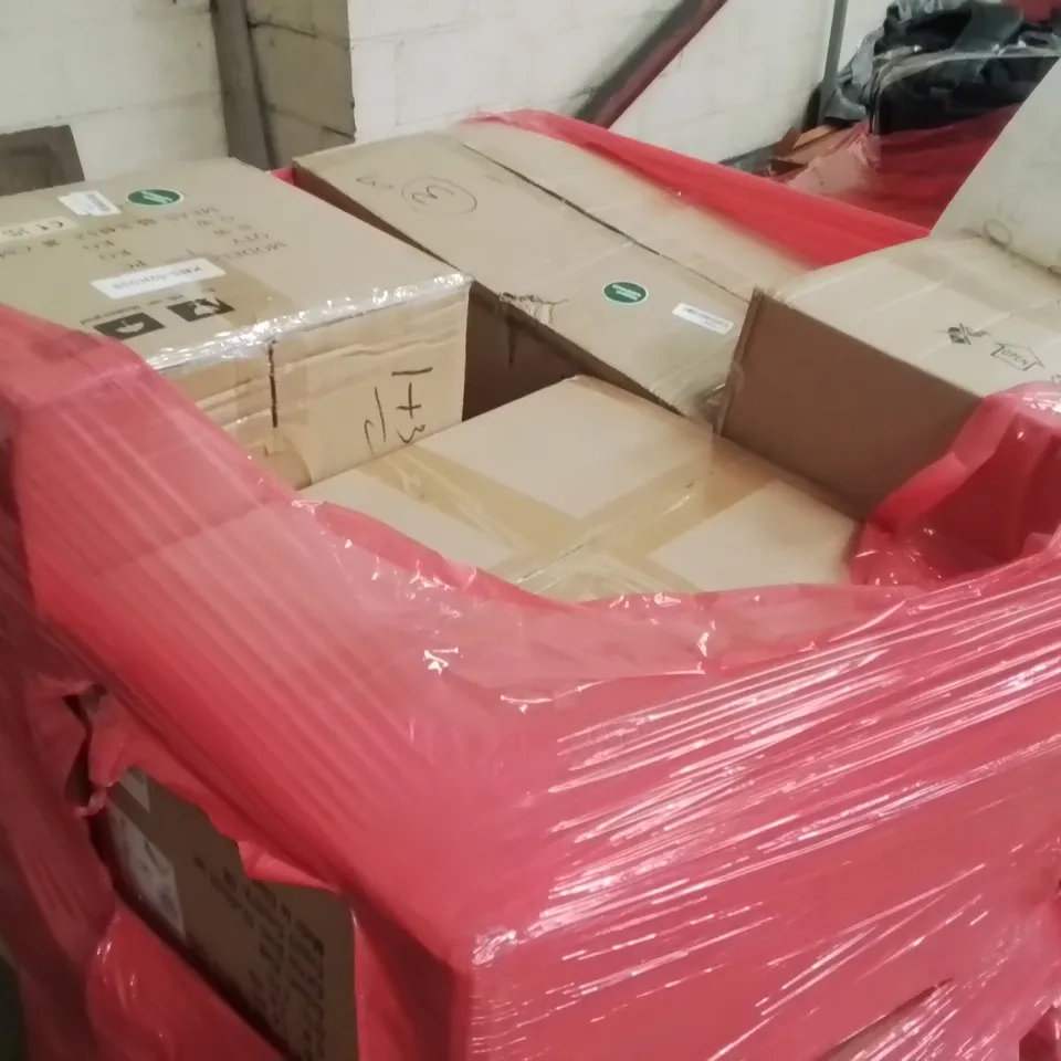 PALLET OF ASSORTED ITEMS TO INCLUDE: CANON WIRELESS PRINTER, HOLLYWOOD MAKEUP MIRROR, GAMING CHAIR, STORAGE DRAWERS, PAPER SHREDDER ECT