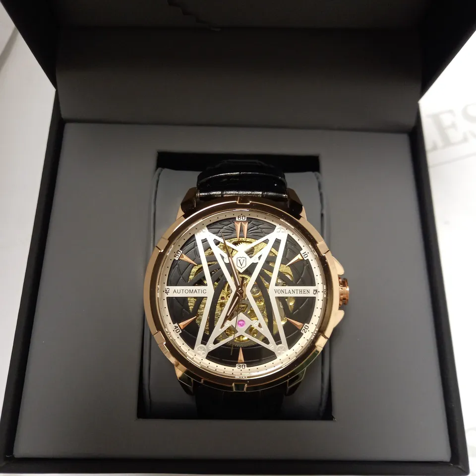 VONLANTHEN PART SKELETON CHRONOGRAPH BLACK LEATHER STRAP WRISTWATCH