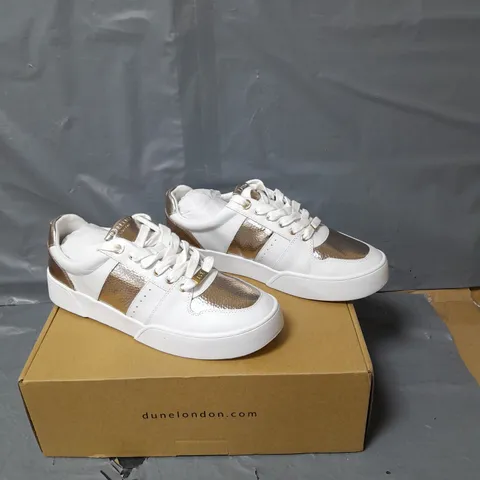 DUNE LONDON ELYSIUM LEATHER TRAINERS - WHITE/GOLD - SIZE 5