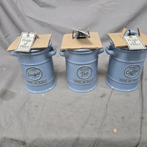 SET OF 3 BLUE ENAMEL KITCHEN CANISTERS – SUGAR, TEA & COFFEE – PRIDE OF PLACE