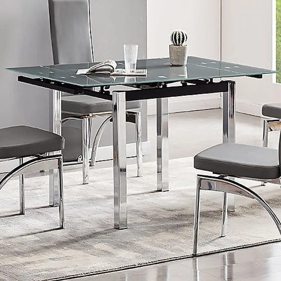 BOXED PARIS EXTENDING GREY GLASS DINING TABLE WITH CHROME LEGS (1 BOX)