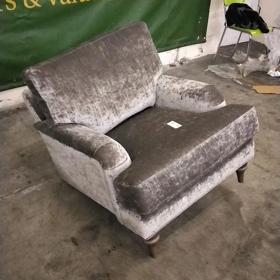 QUALITY DESIGNER LOUNGE CO ARMCHAIR IN SILVER CRUSHED VELVET