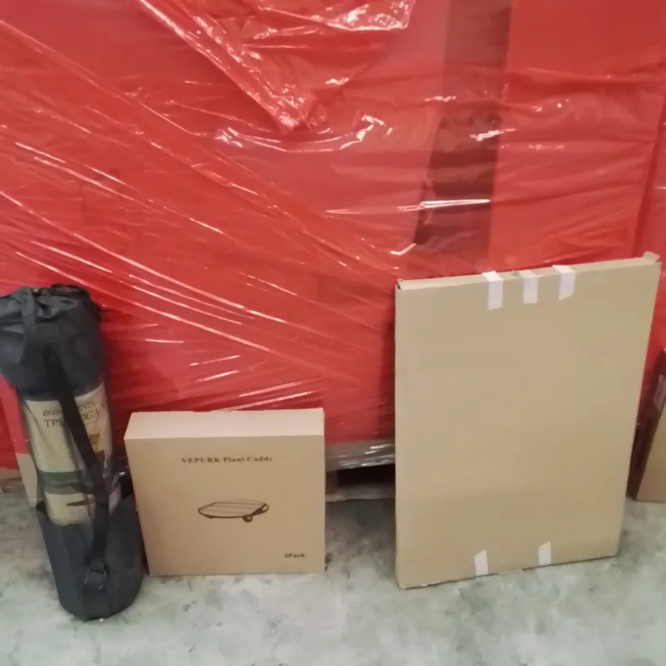 PALLET OF ASSORTED HOUSEHOLD GOODS AND PRODUCTS TO INCLUDE;YOGA MAT,PICTURE FRAMES,PLANT CADDY 
