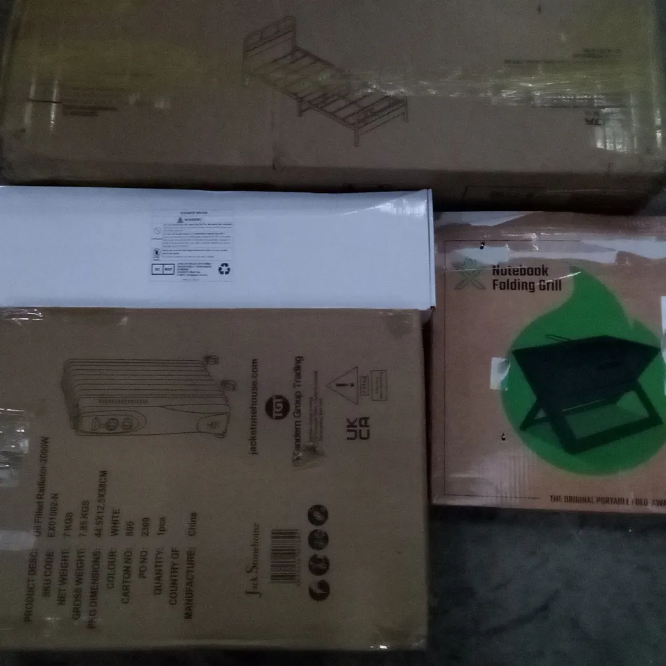 PALLET OF ASSORTED ITEMS INCLUDING OIL FILLED RADIATOR, SHOWER MIXER, NOTEBOOK FOLDING GRILL, YUDA BED FRAME