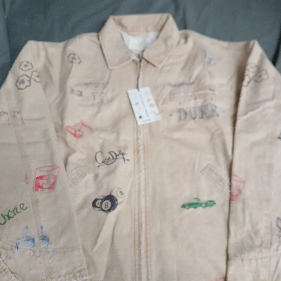 DUKE & DEXTER BEIGE GRAFFITI-PRINT ZIP-UP JACKET SIZE M