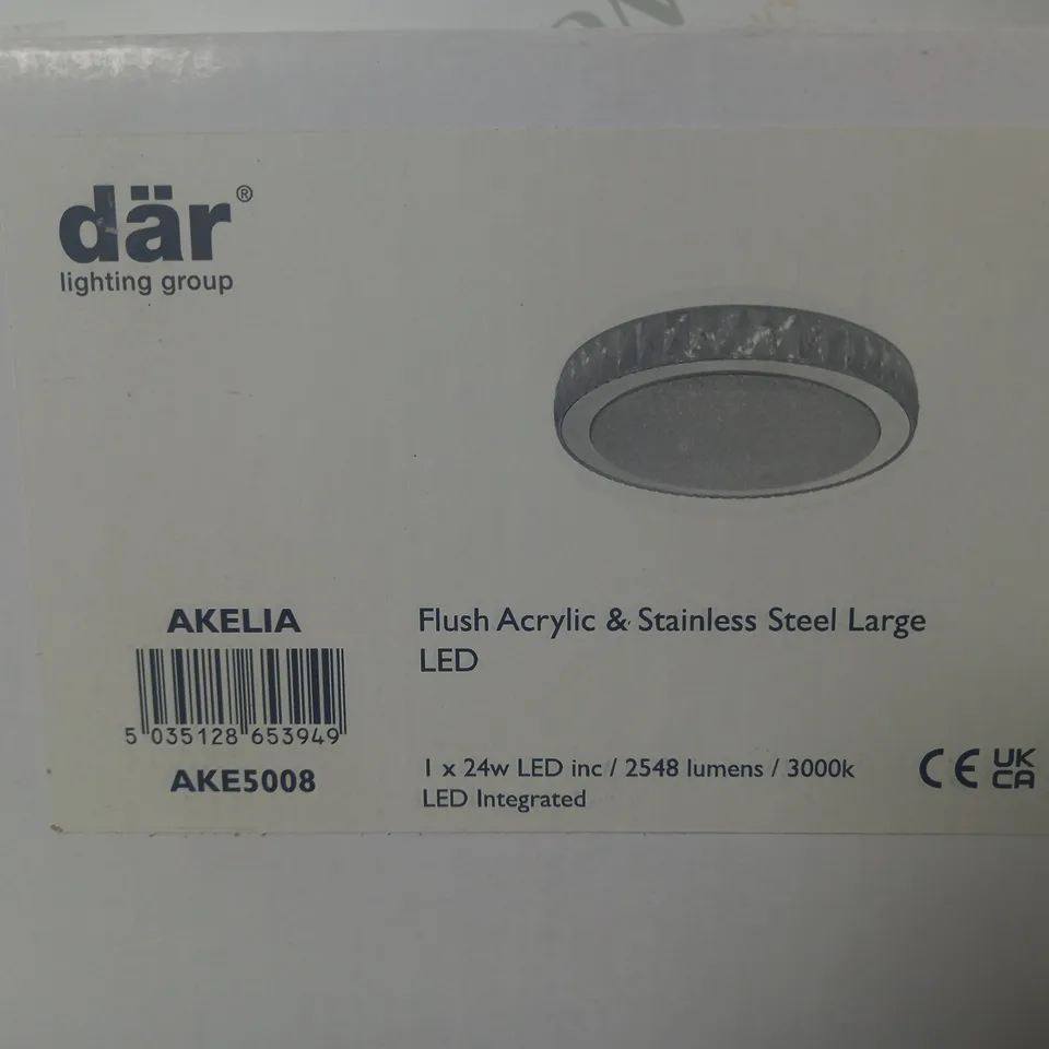BOXED DAR LIGHTING AKELIA FLUSH ACRYLIC & STAINLESS STEEL LARGE LED LIGHT 