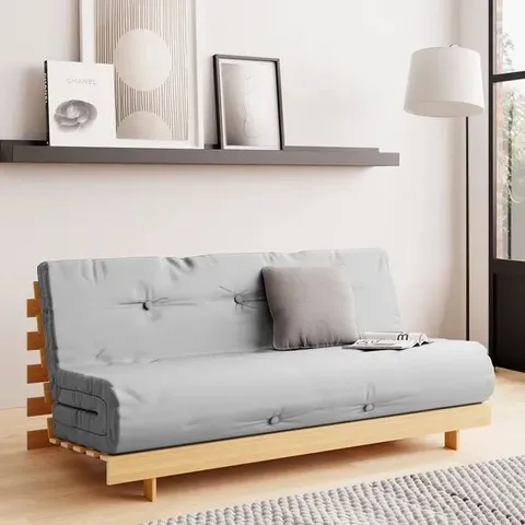 BOXED MITO DOUBLE FUTON IN LIGHT GREY WITH WOODEN FRAME