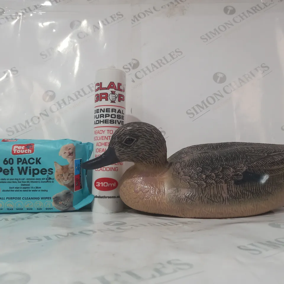 BOX OF APPROXIMATELY 15 ASSORTED HOUSEHOLD ITEMS TO INCLUDE GENERAL PURPOSE ADHESIVE, 60 PACK PET WIPES, FLOATING HUNTING DUCK DECOY, ETC