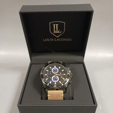 MENS LOUIS LACOMBE CHRONGRAPH WATCH – 3 SUB DIALS – BLACK CASE – LEATHER STRAP