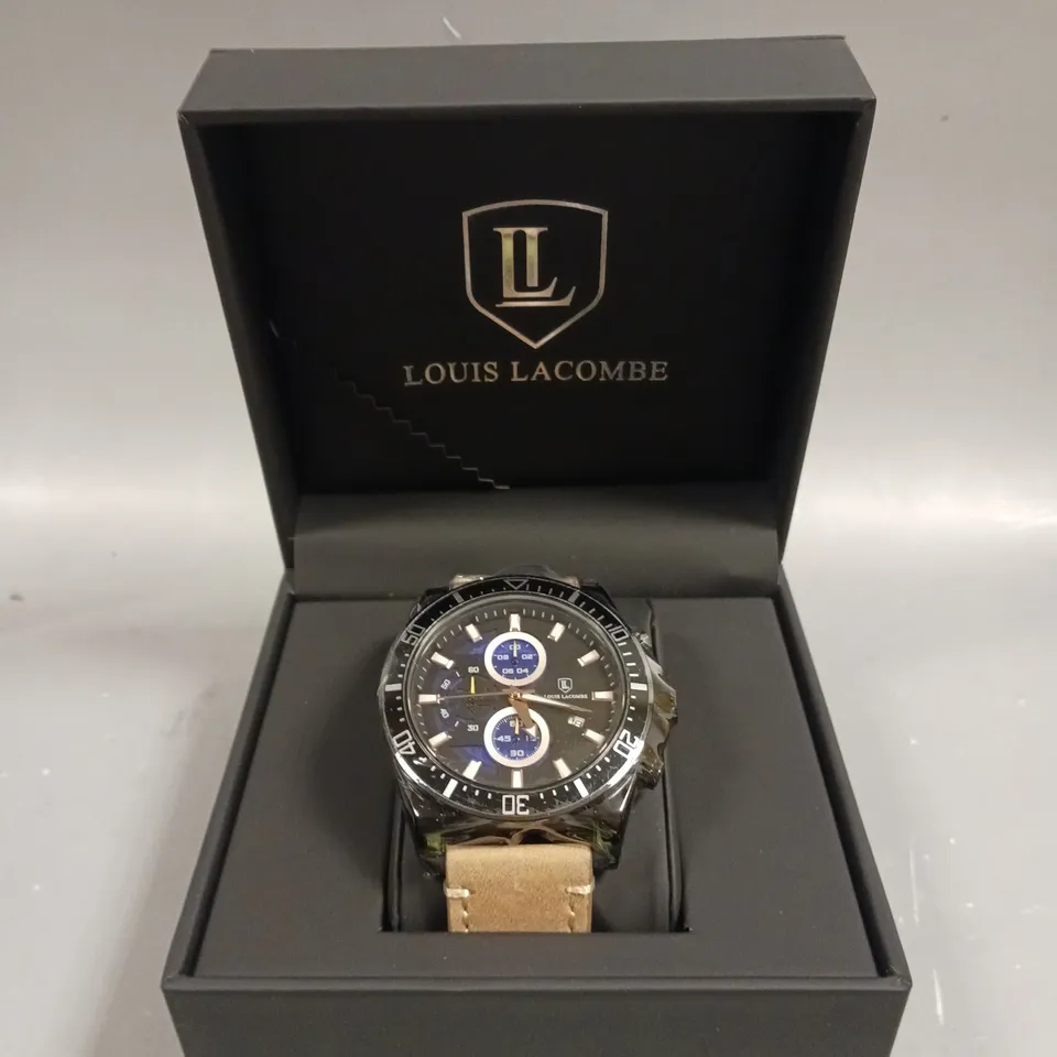 MENS LOUIS LACOMBE CHRONGRAPH WATCH – 3 SUB DIALS – BLACK CASE – LEATHER STRAP