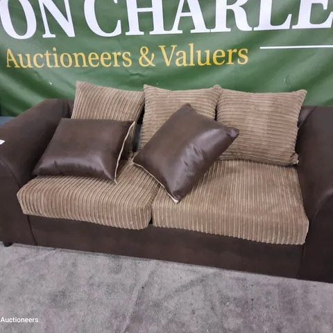 DESIGNER THREE SEATER SOFA WITH SCATTER CUSHIONS BROWN FAUX LEATHER & JUMBO CHORD