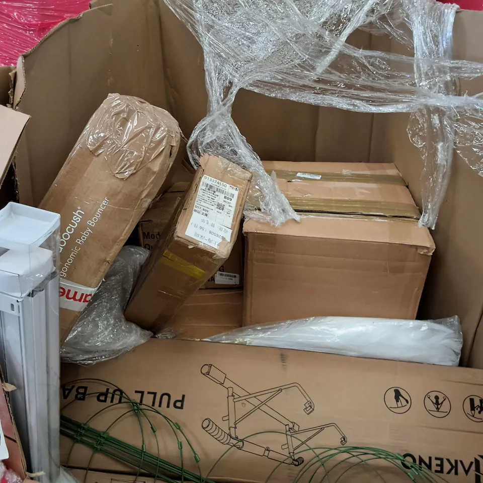 PALLET OF ASSORTED HOUSEHOLD ITEMS TO INCLUDE KIDS BIKE, ARTIFICIAL FEATHERE AND PULL UP BAR