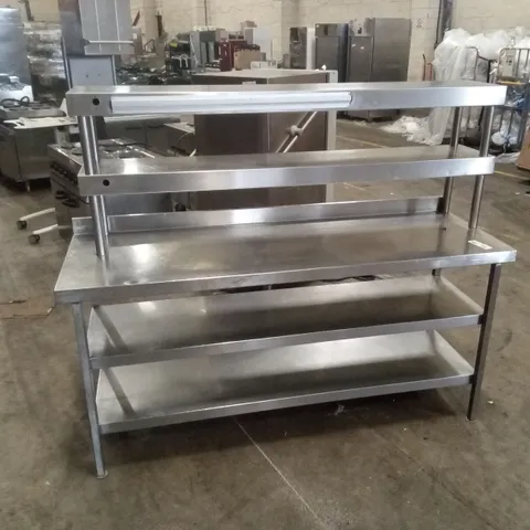 STAINLESS STEEL WALL BENCH WITH DOUBLE UNDERSHELF AND DOUBLE HEATED LIGHT GANTRY