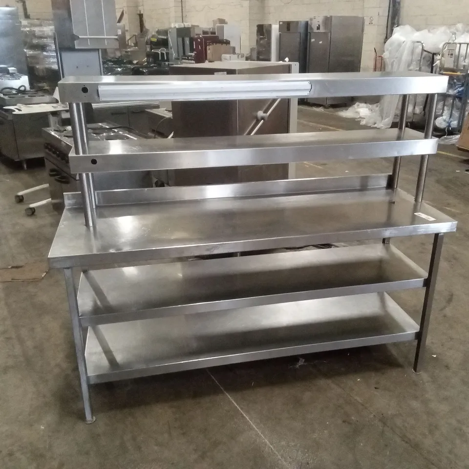 STAINLESS STEEL WALL BENCH WITH DOUBLE UNDERSHELF AND DOUBLE HEATED LIGHT GANTRY