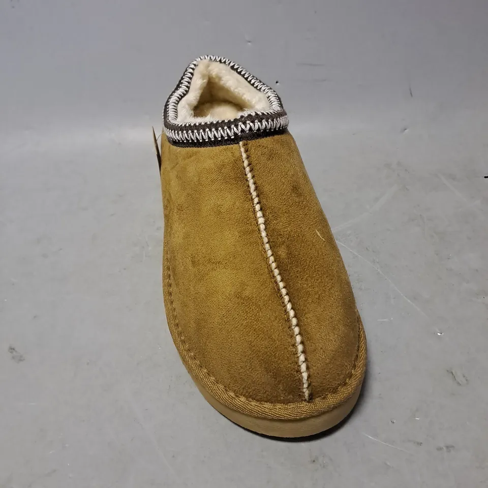 PAIR OF ELLA EMBROIDED FAUX FUR LINED MULE SLIPPERS IN CHESTNUT SIZE 8