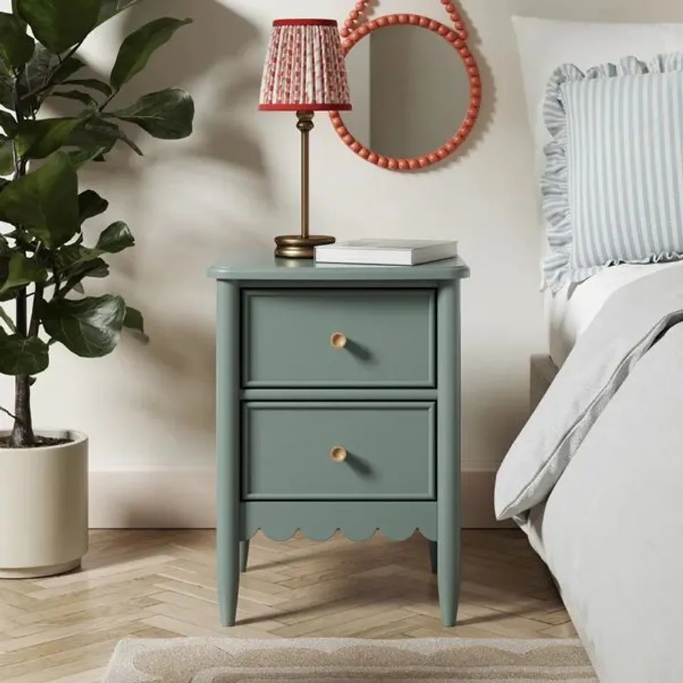 BOXED REMI 2 DRAWER BEDSIDE TABLE - GREEN (1 BOX)