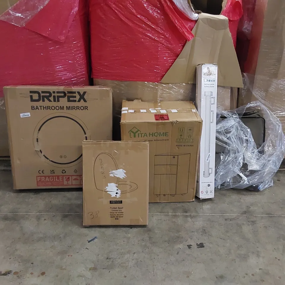 PALLET OF ASSORTED ITEMS INCLUDING: LOCKED CABINET, BATHROOM MIRROR, PET BAG, RETRACTABLE SAFETY GATE, TOILET SEAT