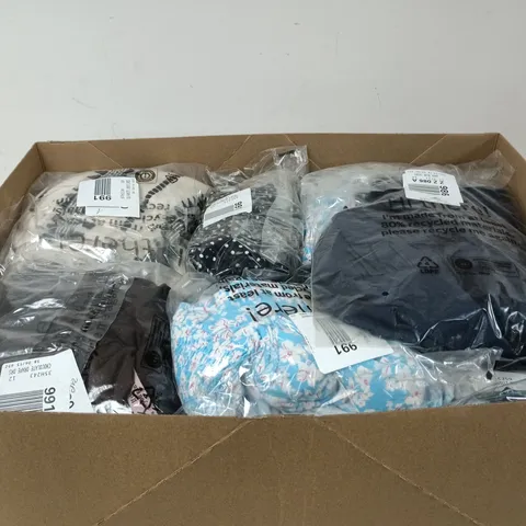 BOX OF APPROXIMATELY 20 ASSORTED CLOTHING ITEMS OF VARIOUS STYLES AND SIZES TO INCLUDE SICILY SWIMSUIT, DARK BLUE SKIRT, BLACK/WHITE SMOCK DRESS ETC