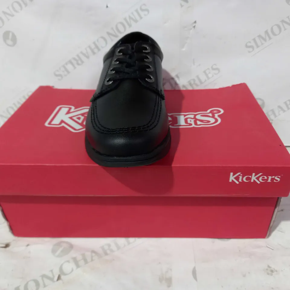 BOXED PAIR OF KICKERS LACE UP SHOES IN BLACK UK SIZE 4