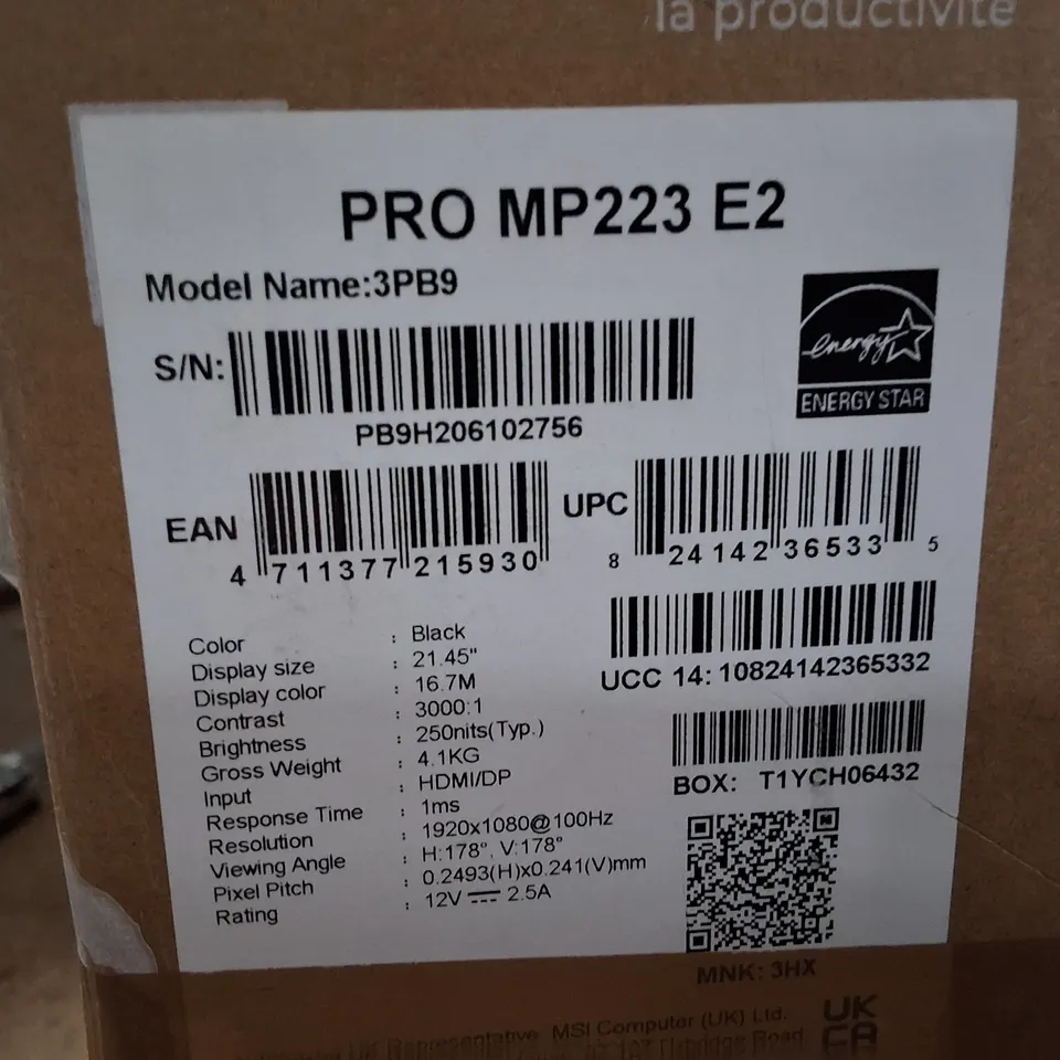 BOXED MSI PRO MP223 E2 21.45-INCH FULL HD MONITOR, 1920×1080 RESOLUTION, 100HZ HDMI™ 1.4B, DISPLAYPORT 1.2A
