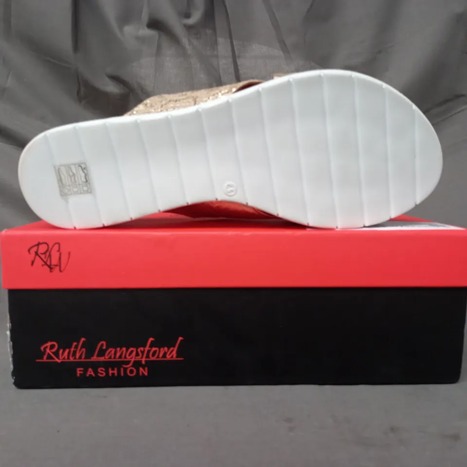 BOXED PAIR OF RUTH LANGSFORD FLAT SANDALS IN METALLIC CHAMPAGNE GOLD SIZE 8