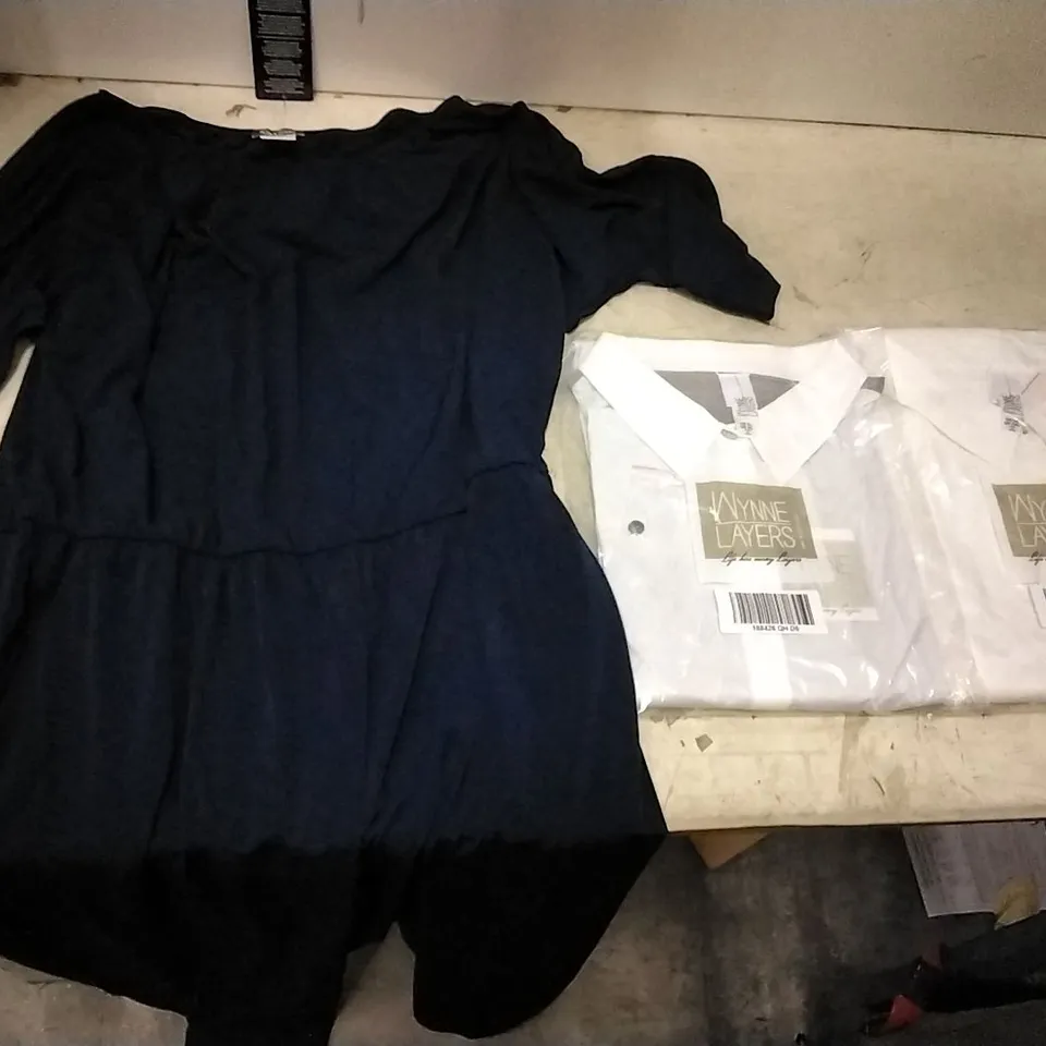 BOX OF APPROXIMATELY 22 ASSORTED CLOTHING ITEMS TO INCLUDE KIM&CO NAVY JUMPSUIT 2XL, WYNNE LAYERS WHITE BUTTON UP SHIRT XL, WYNNE OFF WHITE BUTTON UP SHIRT 2XL