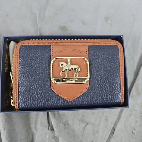 PAUL COSTELLO TWO-TONE LEATHER WALLET WITH HORSE BUCKLE – NAVY & TAN 