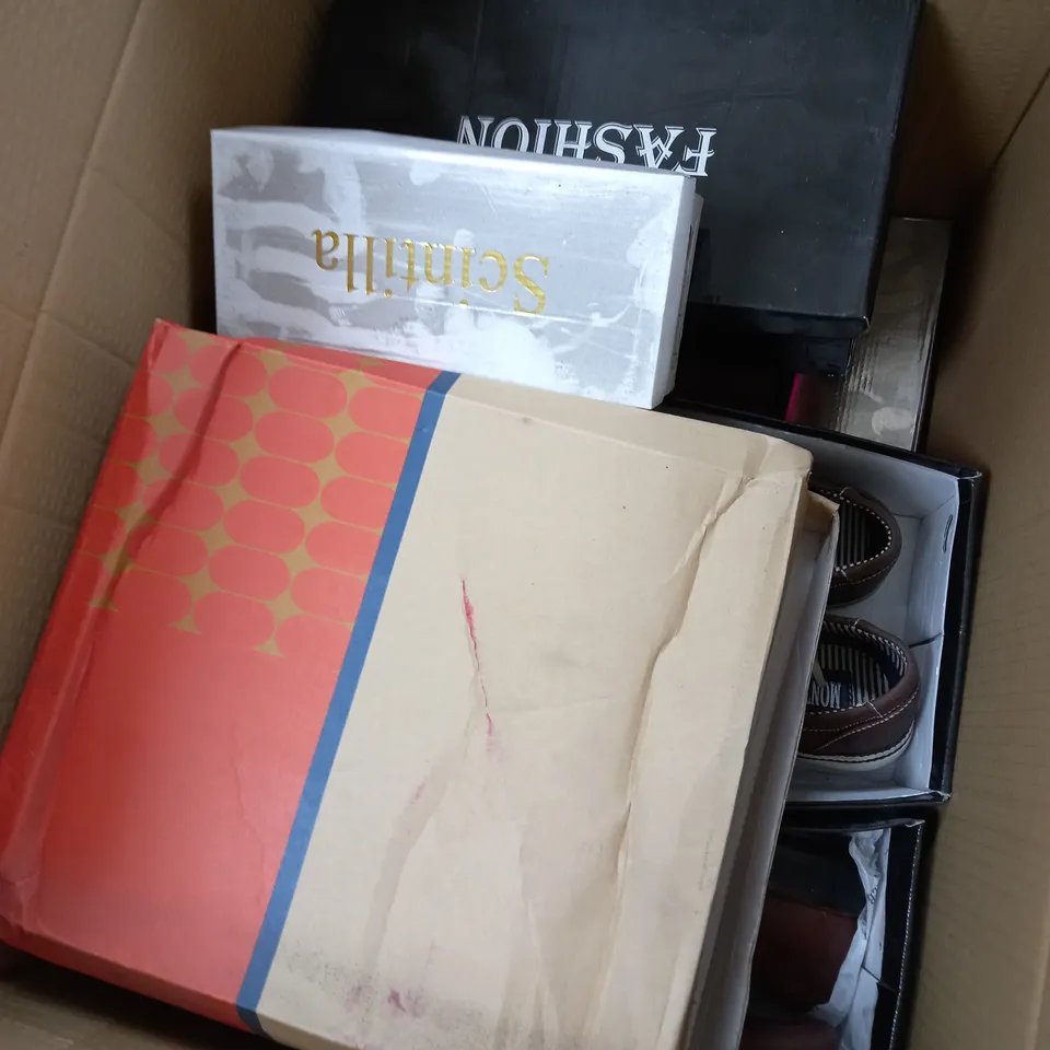 BOX OF APPROXIMATELY 10 ASSORTED PAIRS OF SHOES TO INCLUDE LOW FORMAL SHOES, BLUE PUMPS, BROWN BOOTS ETC