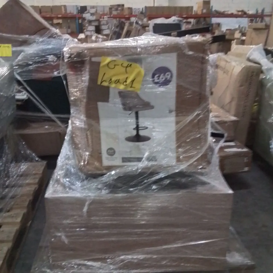 PALLET OF ASSORTED FURNITURE PARTS TO INCLUDE;BAR STOOL,FOOT REST,CABINET