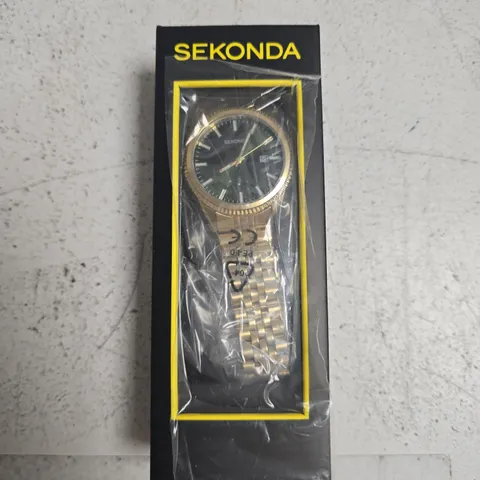 SEKONDA GOLD-TONE BRACELET WATCH WITH BLACK DIAL – BOXED 