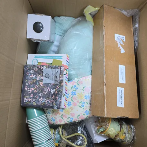 APPROXIMATELY 15 ASSORTED HOUSEHOLD PRODUCTS TO INCLUDE BABY PILLOW , PAPER CUPS AND MONEY TIN