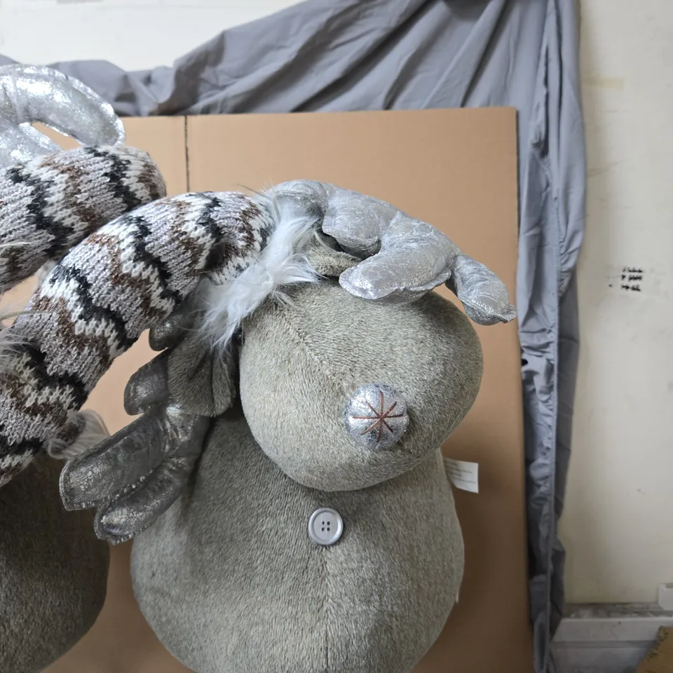 PAIR OF LARGE PLUSH MOOSE WITH KNIT SCARVES, GREY (DECORATIVE SOFT TOYS) RAINDEERS CHRISTMAS FIGURES . DECORATIVE .
