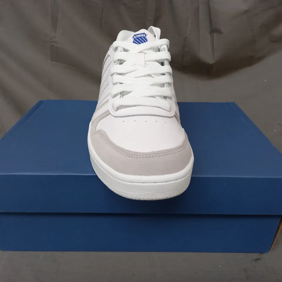 BOXED PAIR OF K.SWISS SHOES IN WHITE/GREY/BLUE UK SIZE 11