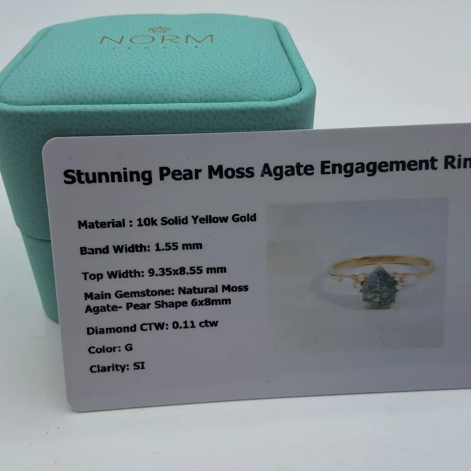 NORM JEWELS STUNNING PEAR MOSS AGATE ENGAGEMENT RING