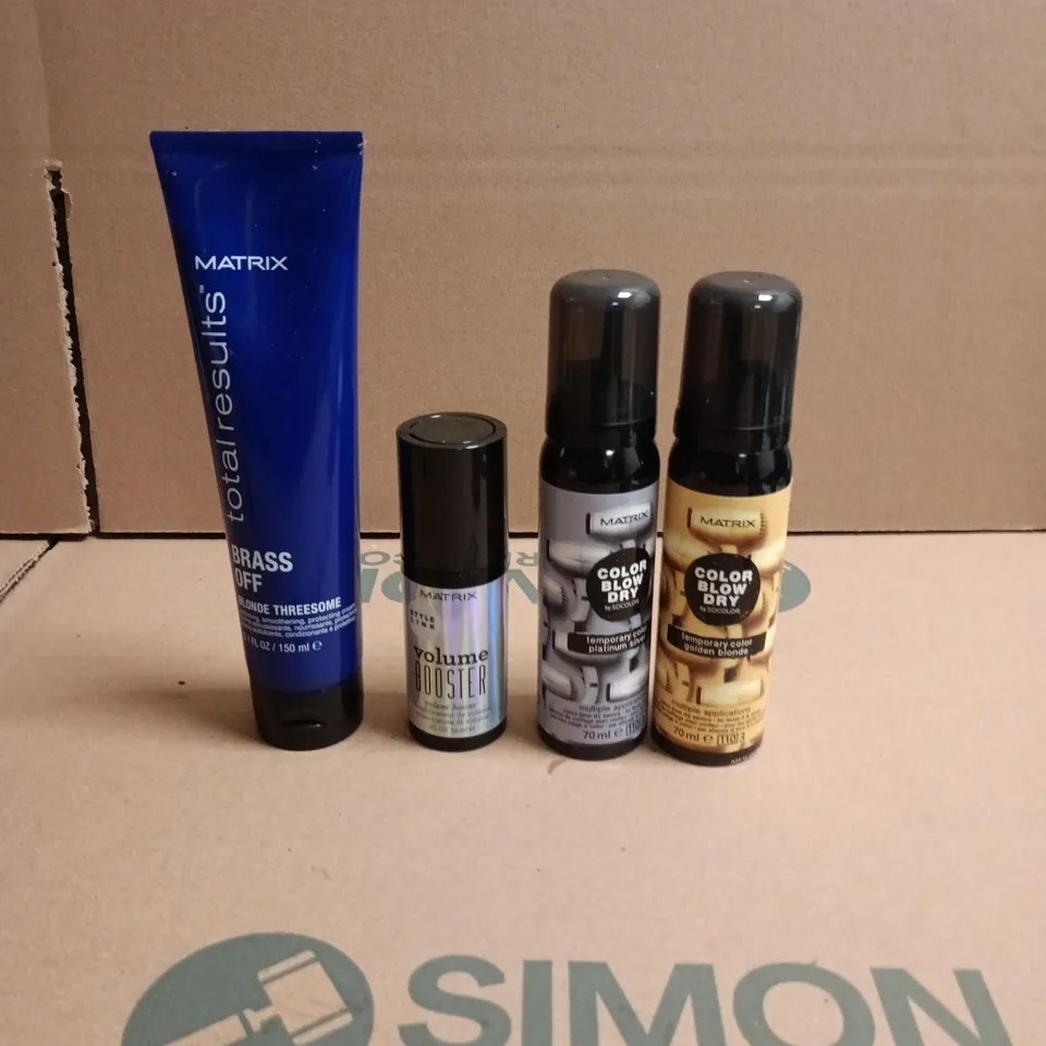 BOX OF APPROXIMATELY 50 MATRIX HAIRCARE PRODUCTS TO INCLUDE BRASS OFF PROTECTING CREAMS, TEMPORARY COLOUR SPRAYS AND VOLUME BOOSTERS