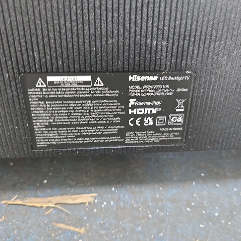 HISENSE 50" LED BACKLIGHT TV – SCREEN DAMAGED - POWERS ON - MODEL R50A72000