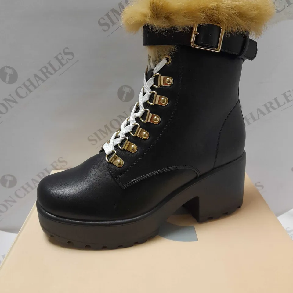 KOI NOMAD FUR CHUNKY BLACK PU BOOTS - SIZE 5