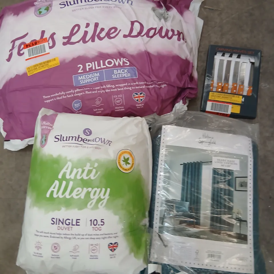 CAGE OF ASSORTED PRODUCTS TO INCLUDE; SLUMBERDOWN 2 PILLOW SET, SLUMBERDOWN ANTI ALLERGY SINGLE DUVET, CARVING KNIVES SET AND HELENA SPRINGFIELD CURTAINS