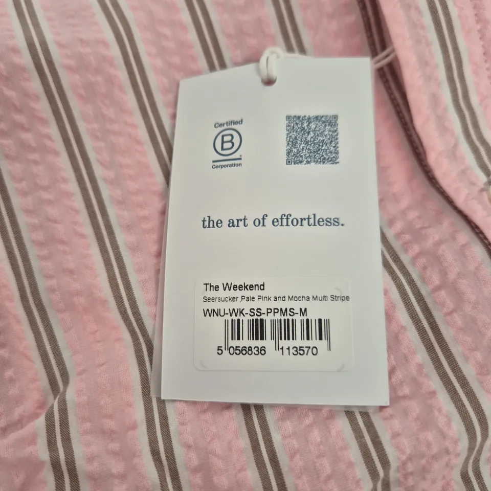 THE WEEKEND WOMEN'S PINK SEERSUCKER STRIPE SHIRT – PALE PINK & MOCHA UK M