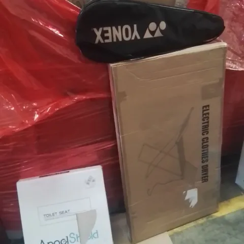 PALLET OF ASSORTED HOUSEHOLD GOODS AND PRODUCTS TO INCLUDE;TOILET SEAT,HEATED CLOTHES AIRER,TENNIS RACKET 