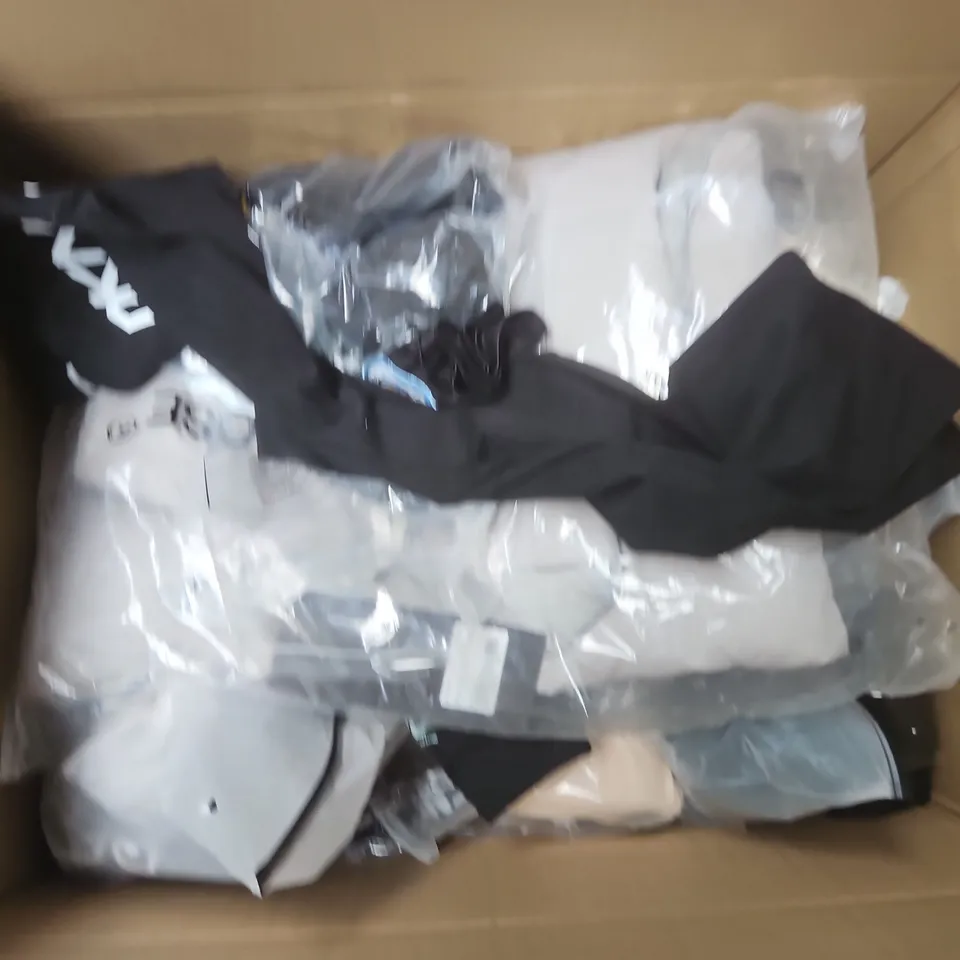LARGE BOX OF APPROXIMATELY 25 ASSORTED CLOTHING ITEMS IN VARIOUS COLOURS, STYLES AND SIZES - COLLECTION ONLY