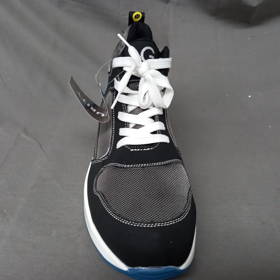 BOXED PAIR OF DESIGNER SHOES IN GREY/BLACK/BLUE UK SIZE 9