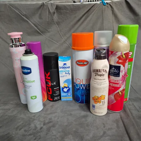 APPROXIMATELY 12 ASSORTED AEROSOLS TO INCLUDE - HAWAIIAN TROPIC SUN PROTECTION SPRAY - GLADE FLORAL CHERRIES ROOM SPRAY - GIVE ME DRY SHAMPOO - ETC - COLLECTION ONLY