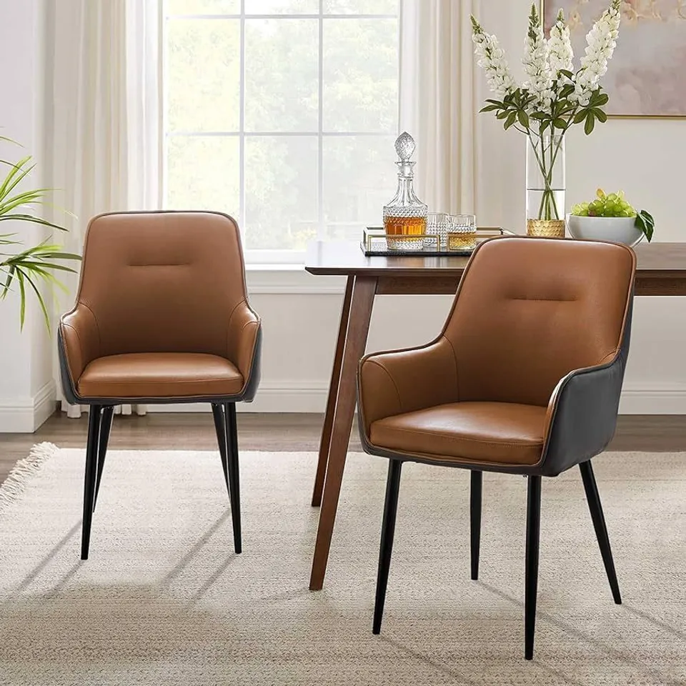 BOXED CLIPOP ERGONOMIC FAUX LEATHER UPHOLSTERED DINING CHAIRS SET OF 2, PADDED SEAT FOR KITCHEN - BROWN & GREY